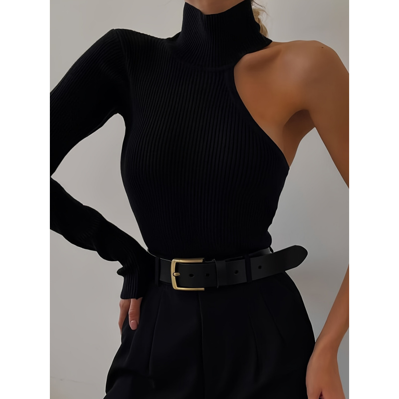 Winter Clothing For - Solid Asymmetric One Shoulder Ribbed Knit